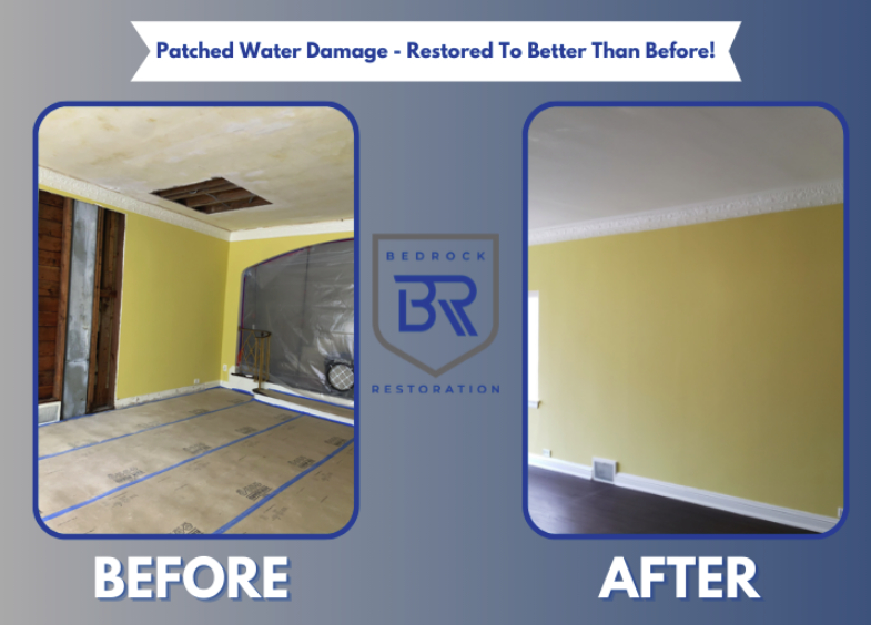 Patched water damage before and after