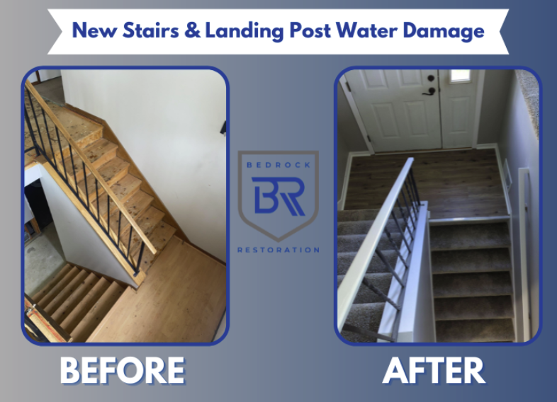 before and after new stairs post water damage