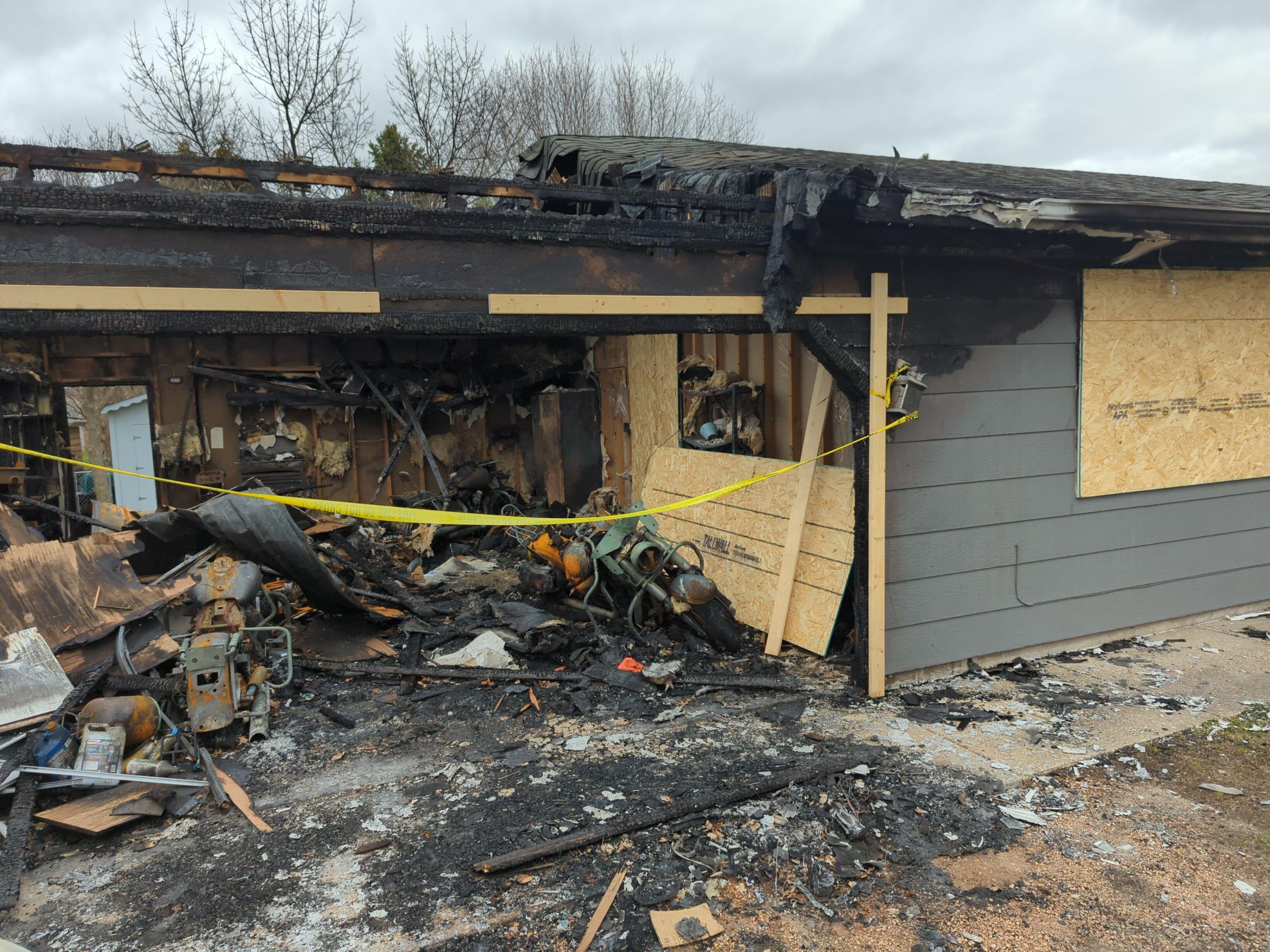 Exterior of a garage destroyed by fire