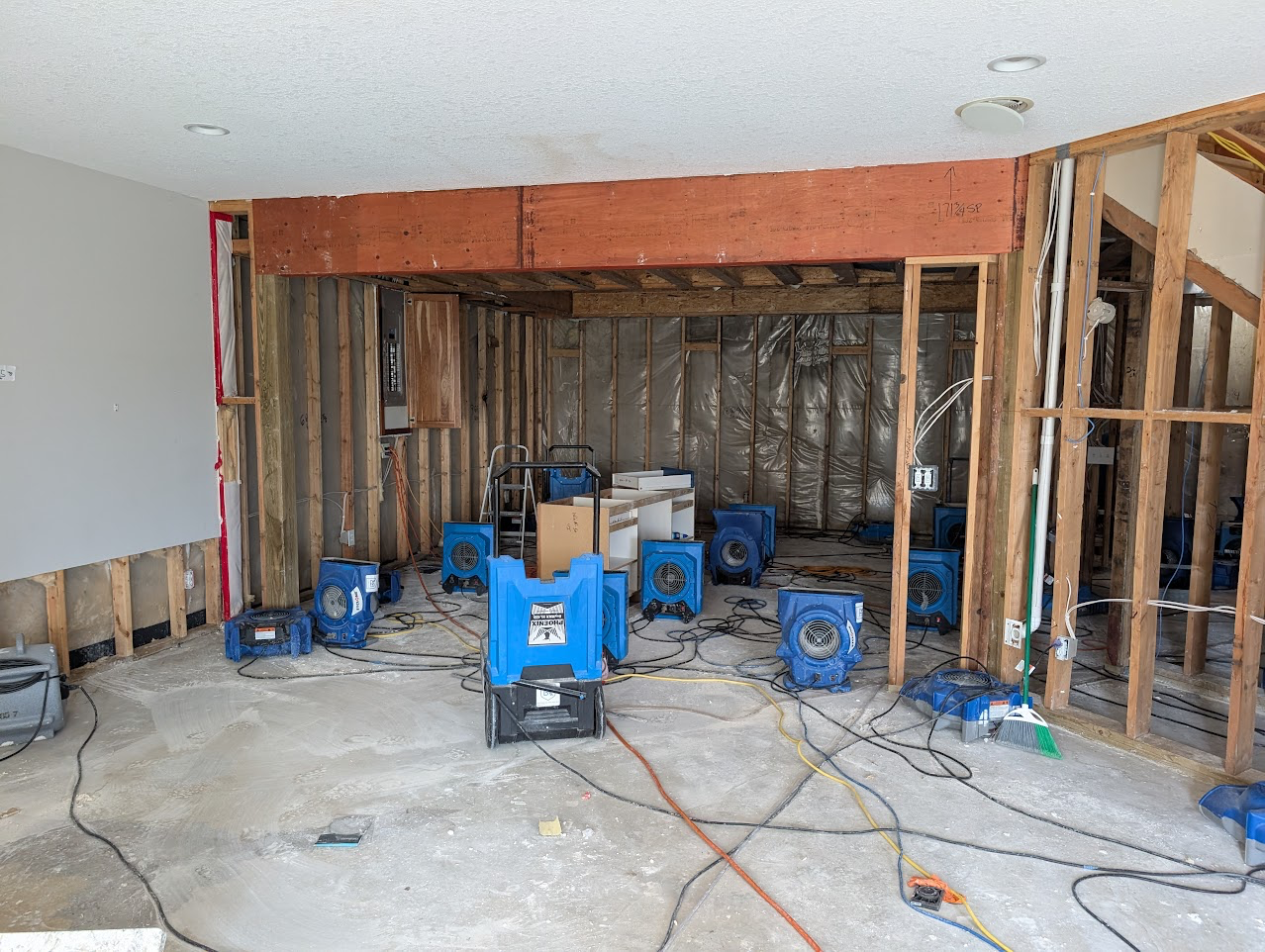Industrial air movers and dehumidifiers drying exposed wall cavities after drywall removal in a water-damaged home