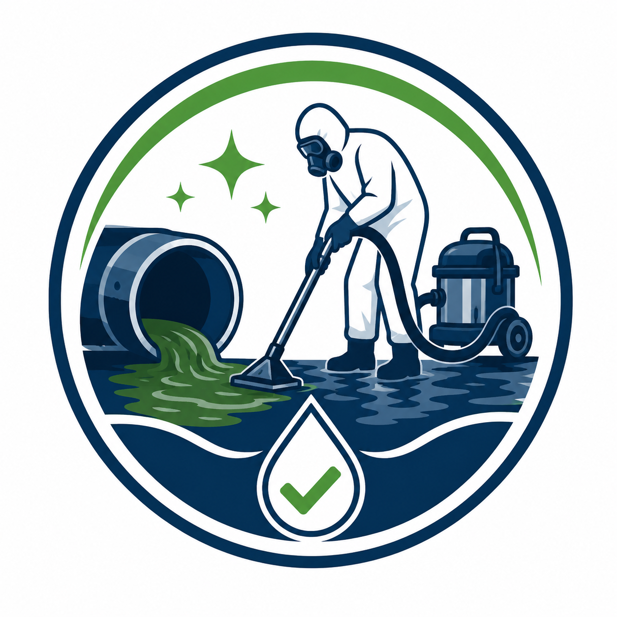 Illustrated logo of a technician in hazmat gear cleaning up sewage contamination