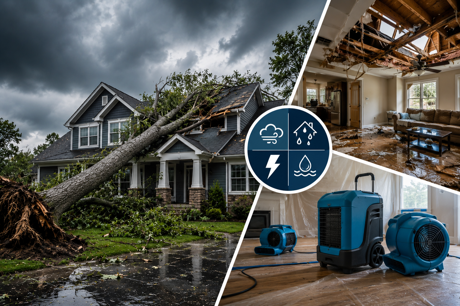 Split image showing storm damage to a home's exterior from a fallen tree alongside interior water damage with restoration drying equipment deployed