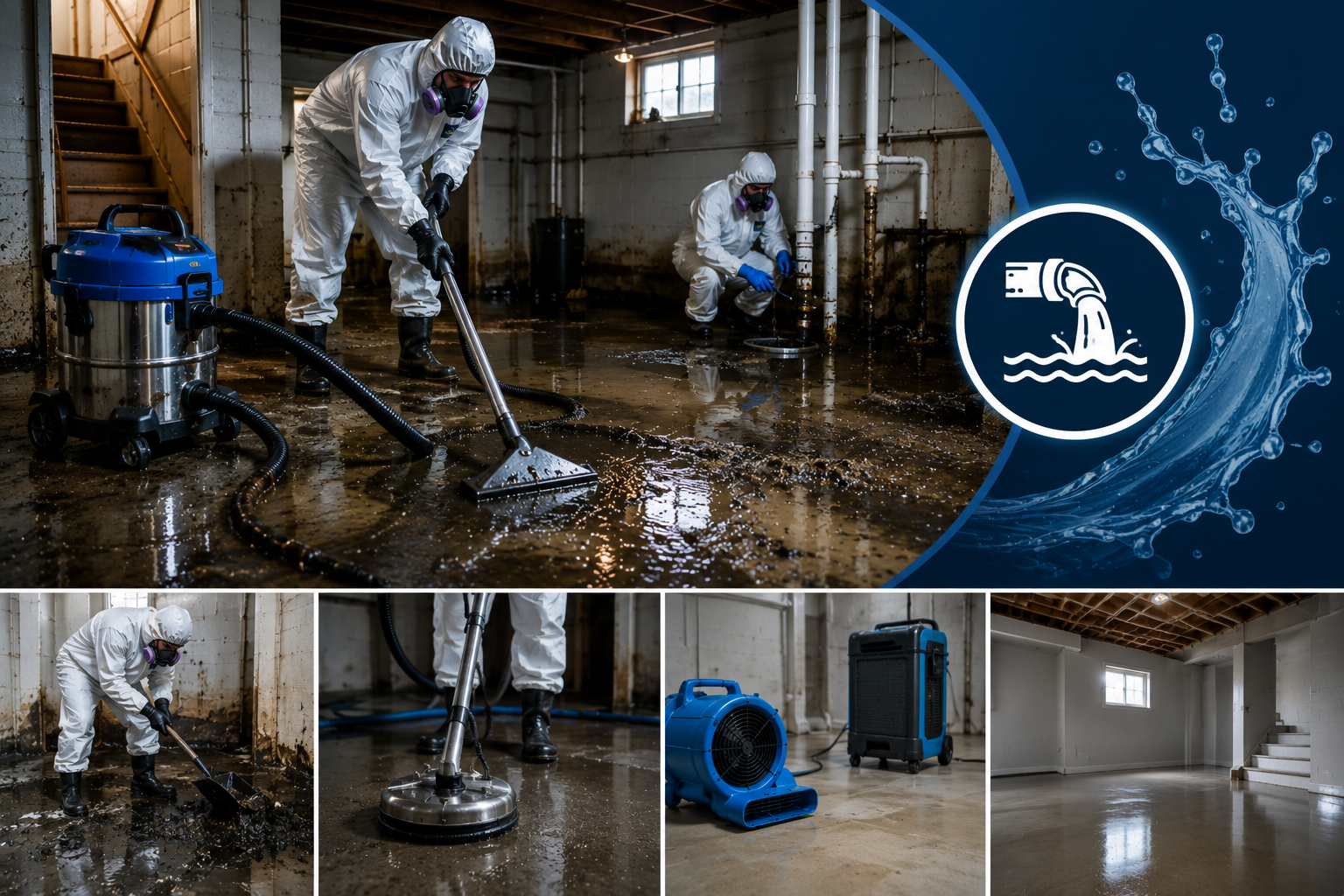 Restoration crew in protective suits extracting standing water from a flooded basement